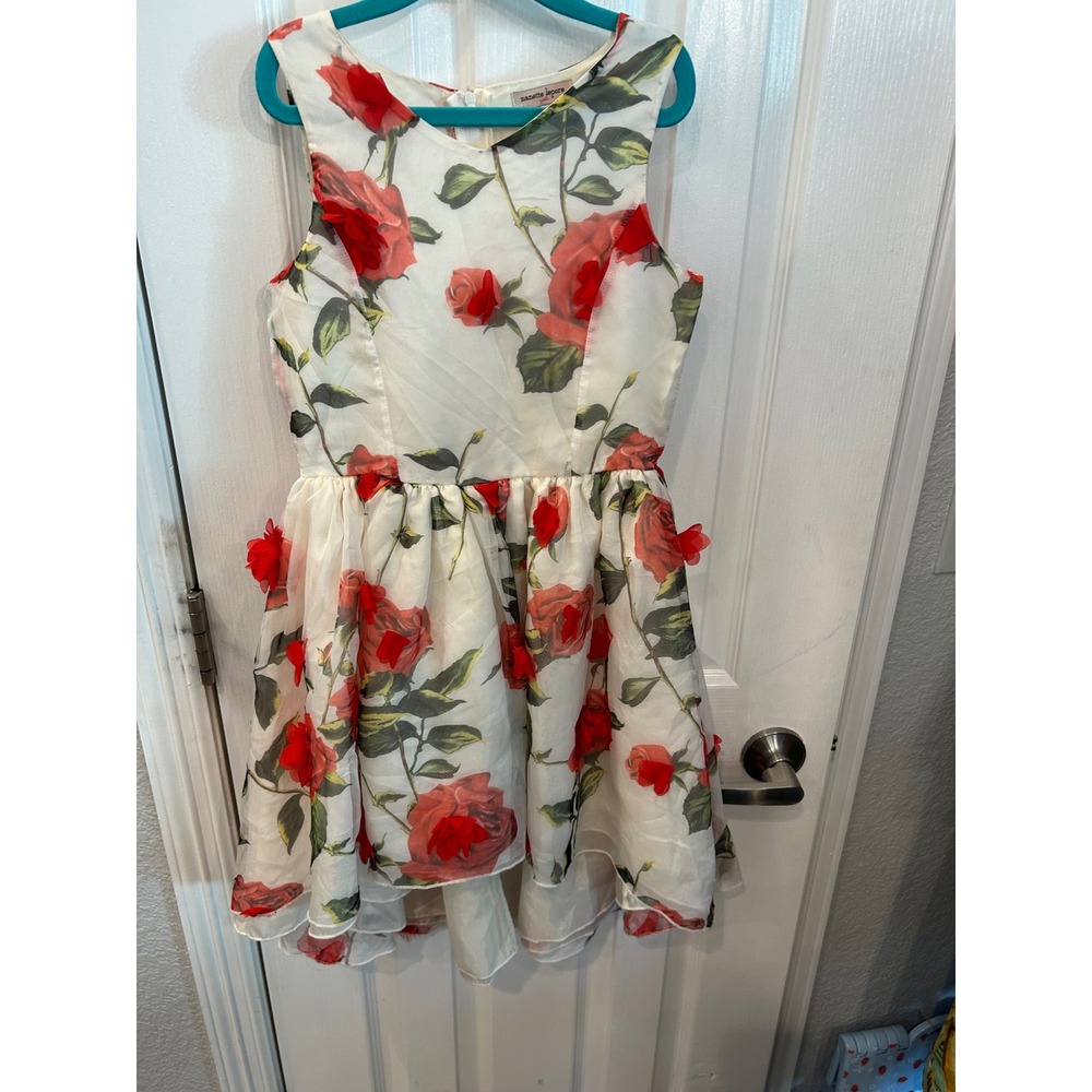 Nanette Lepore Girls Dress White Red Rose Floral 3D Applique High Low Party Gown